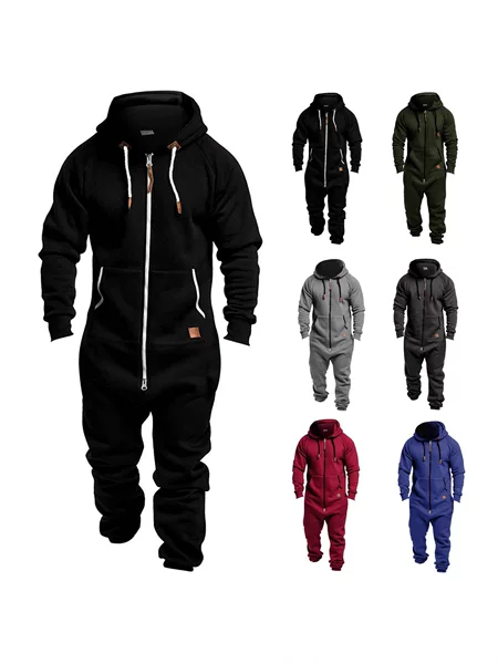New Men's Hooded One-Piece Sweatshirt Suit, Zipper Hooded Design, One-Piece Casual Sports Suit