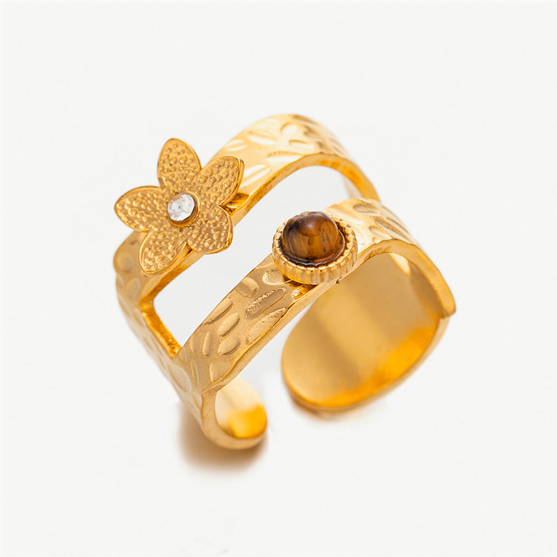 Anillo de acero inoxidable de zircón de ojo de tigre transfronterizo con flores dobles superpuestas, anillos de pulsera de alta calidad