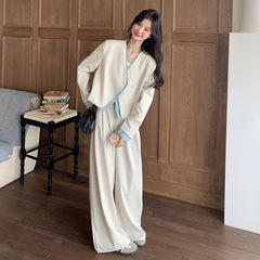 グレーの韓国風、スポーティーでスタイリッシュなスーツセット、女性用、2025年秋の新作、上品で高級感のあるワイドパンツのツーピースセット