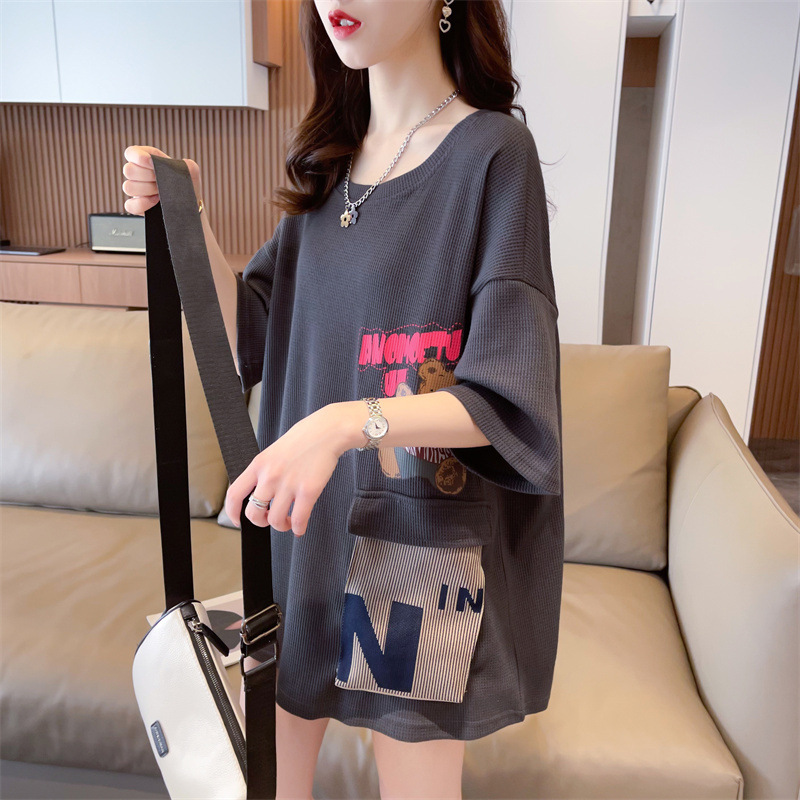 Mid-length T-shirt women's short-sleeved pocket new extended loose plus size slimming versatile design top ins fashion Mid-length T-shirt women's short-sleeved pocket new extended loose plus size slimming versatile design top ins fashion