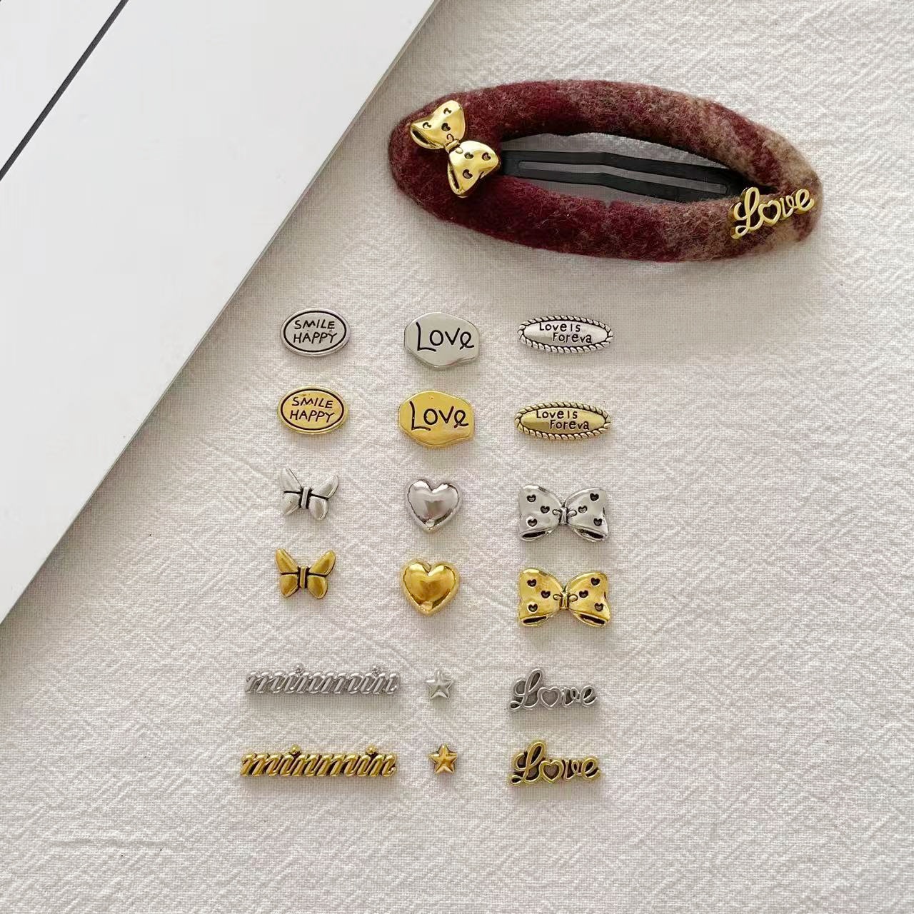 Popular Gold and Silver Letter Butterfly Bow Heart Star Alloy Patch Pendant DIY Hair Accessory Phone Case Keychain