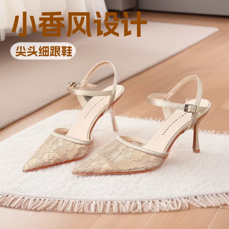 817 Tweed Style Pointed Toe Stiletto Toe Sandals for Outer Wear 2025 Summer New Style Shallow Mouth Slip-On Sandals for Women