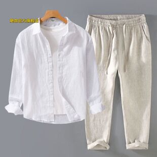 Autumn set, summer long-sleeve, shirt, fashionable trousers, loose fit, cotton and linen, men's style 2