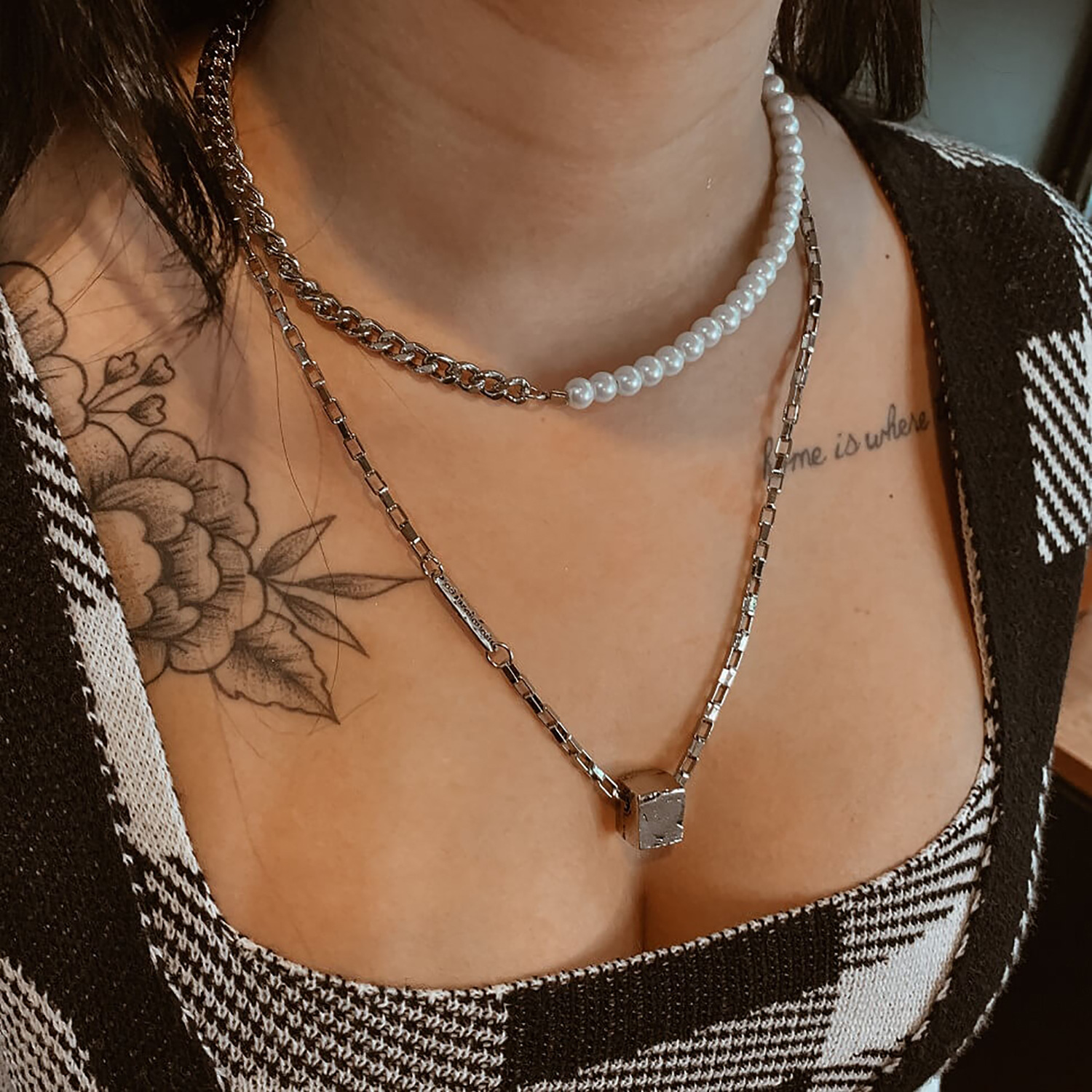 Fashion Stainless Steel Geometric Pattern Necklace Daily Electroplating Artificial Pearl Stainless S