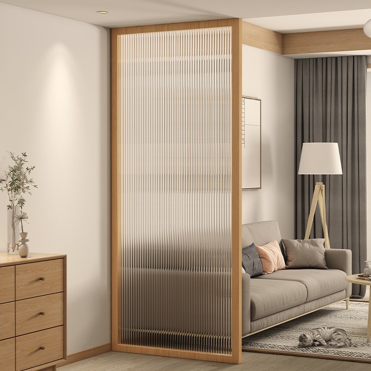 Artistic Long Rainbow Glass Screen Partition for Living Room, Home Use, Solid Wood Frame, Minimalist Iron Art, Japanese-Style Natural Wood Entryway