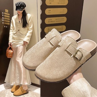 Autumn and Winter British Birkenstock-Style Casual Half-Slip-On Trendy Versatile Durable Closed-Toe Women's Slippers Retro