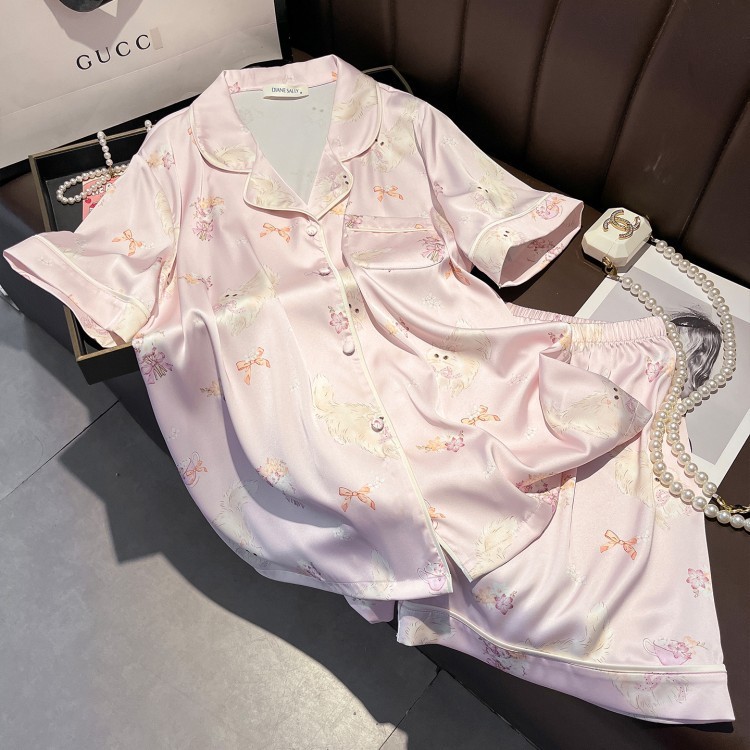 夏季新款真丝睡衣女甜美可爱卡通短袖短裤套装薄款家居服套装蚕丝|undefined