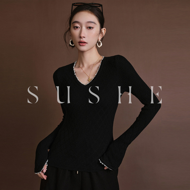 Hanyuan Apparel/2026 Pearl Black V-Neck Base Layer Top Retro Slimming Wool Knit Sweater for Women Spring