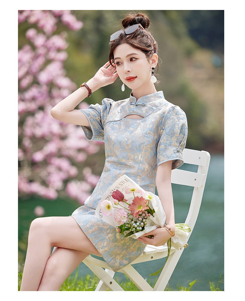 Váy maxi nữ phong cách Trung Quốc mới, cổ đứng cúc bọc, dáng dài vừa phải, thanh lịch thời trang — Màu xanh lam, Màu hồng chi tiết 27