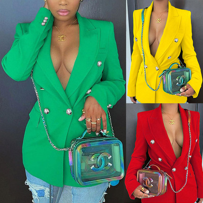 ZL1743现货跨境女装2022翻领长袖修身双排扣纯色上衣休闲西装外套