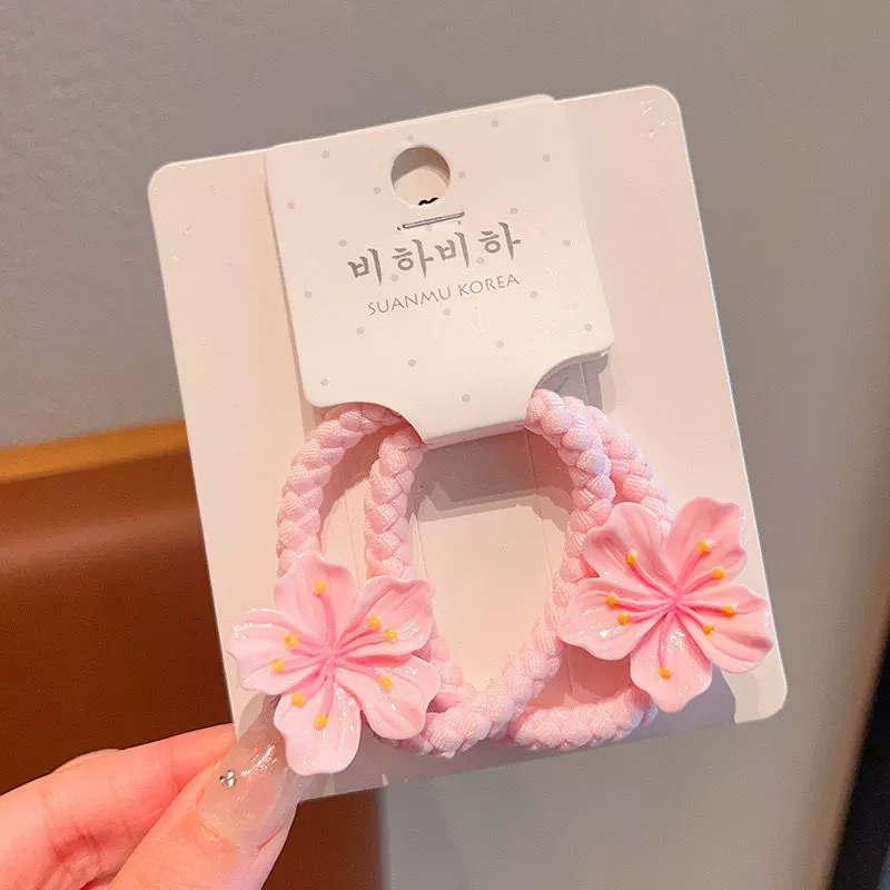 Flower Hair Clips, pink fuchsia set for bangs — assorted clips & elastic bands