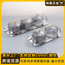 北欧轻奢圆形玻璃果碟家用小吃干果点心分格透明罐带盖不锈钢托盘