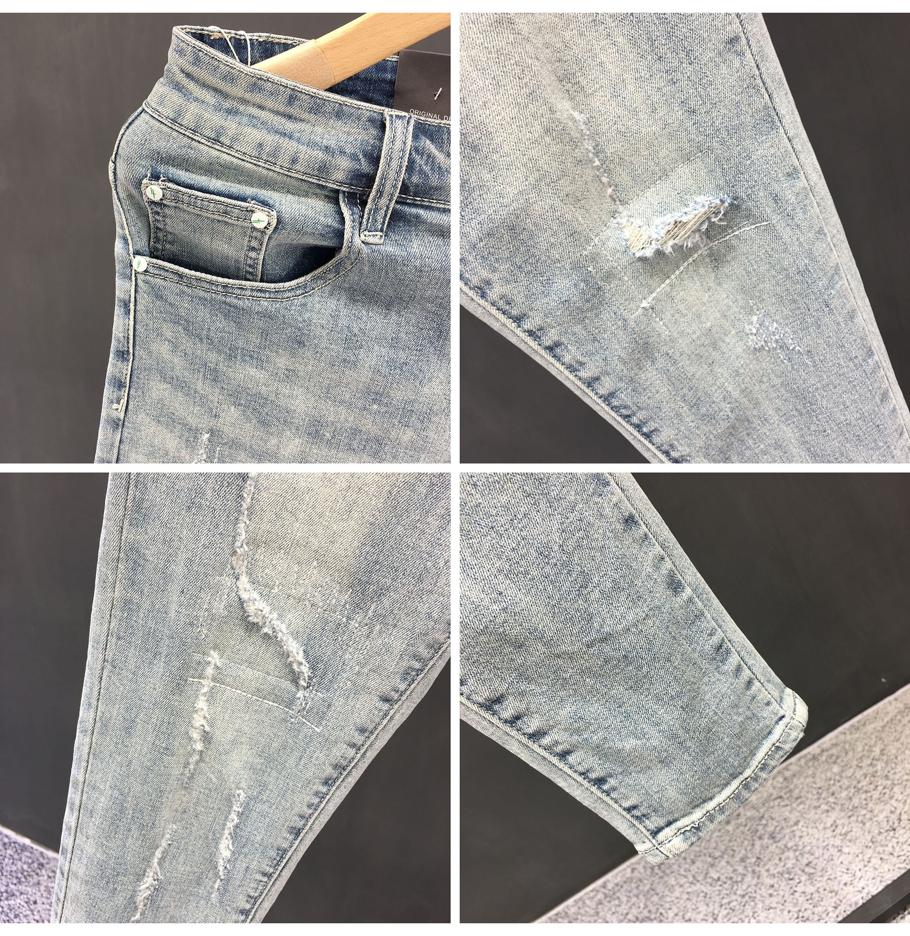 Men's Clothing Summer heavy wash retro distressed ripped jeans men's trendy brand handsome scraped slim fit skinny nine point pants_voghion.com
