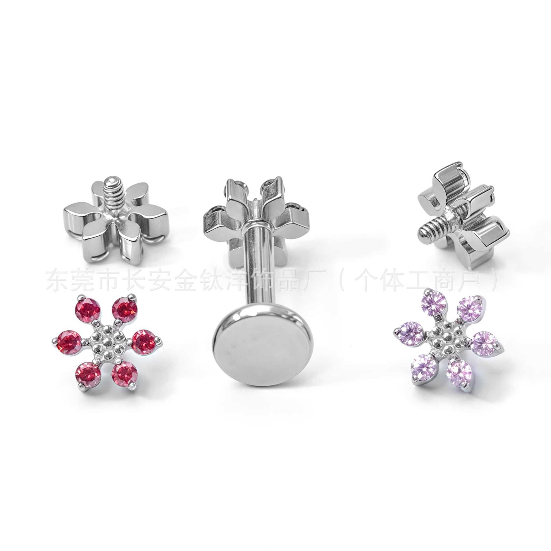 F136 Titanium Six-Petal Flower Zirconia Stud Earrings - Nose Studs, Earlobe Studs, G23 Titanium Alloy Body Piercing Jewelry, Ear Cartilage Studs detail image 7