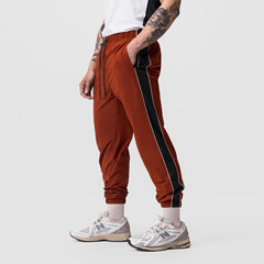 新款歐美薄款反光彈力運動長褲男士網洞透氣速干健身跑步束腳褲子