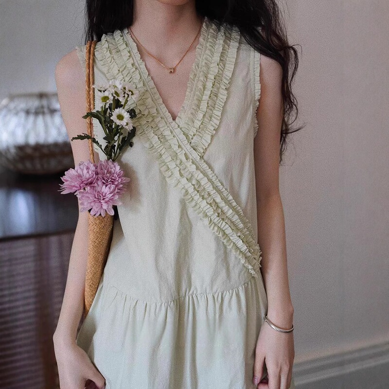 One Ment Vi Light Green Imported Pima Cotton French Ruffle Edge Reversible Sleeveless Tank Dress for Women One Ment Vi Light Green Imported Pima Cotton French Ruffle Edge Reversible Sleeveless Tank Dress for Women