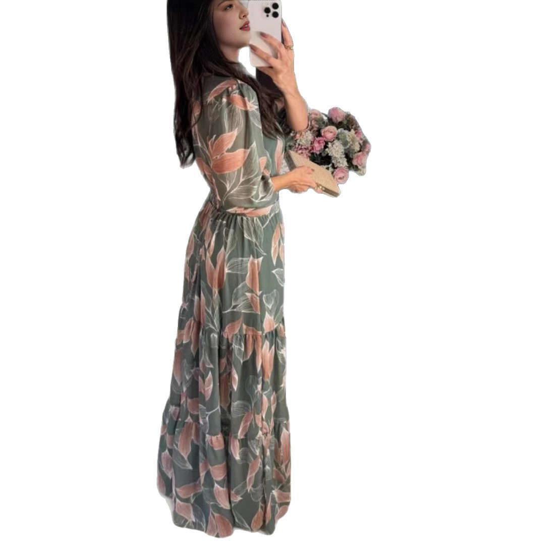 Women's Summer Long Dress V Neck Fashionable Elegant Printed New_ecoleips.com