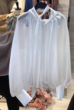 2024秋季法式气质纯色欧根纱灯笼袖衬衫女飘带蝴蝶结洋气薄款衬衣