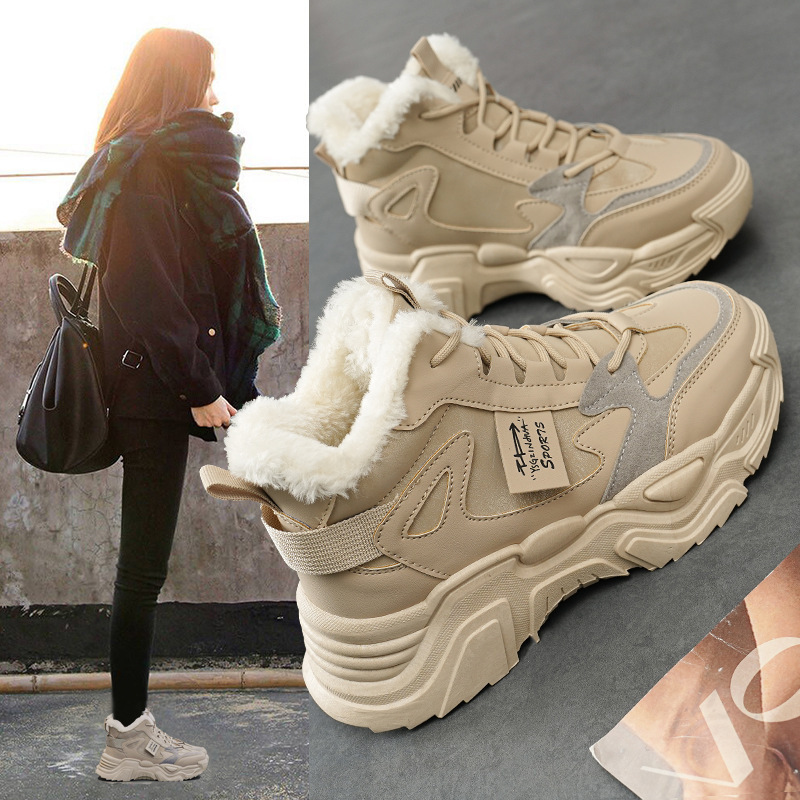 Cross-Border Shoes for Women 2024 Winter Fleece-Lined and Thickeneded Dad Cotton Shoes Thick-Soled High-Top Popular Sports Warm Snow Boots