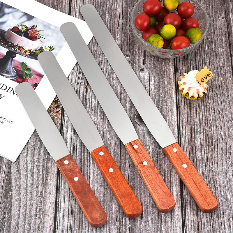 Espátula de crema con mango de madera de acero inoxidable, espátula para hornear de pan, 6 pulgadas, 8 pulgadas, 10 pulgadas, 12 pulgadas, cuchillo de mantequilla recto