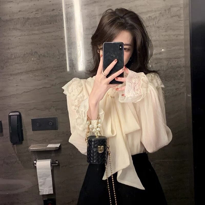 Spring and Autumn design chiffon bow shirt for women, new style with lace patchwork, French-style long-sleeved top Spring and Autumn design chiffon bow shirt for women, new style with lace patchwork, French-style long-sleeved top