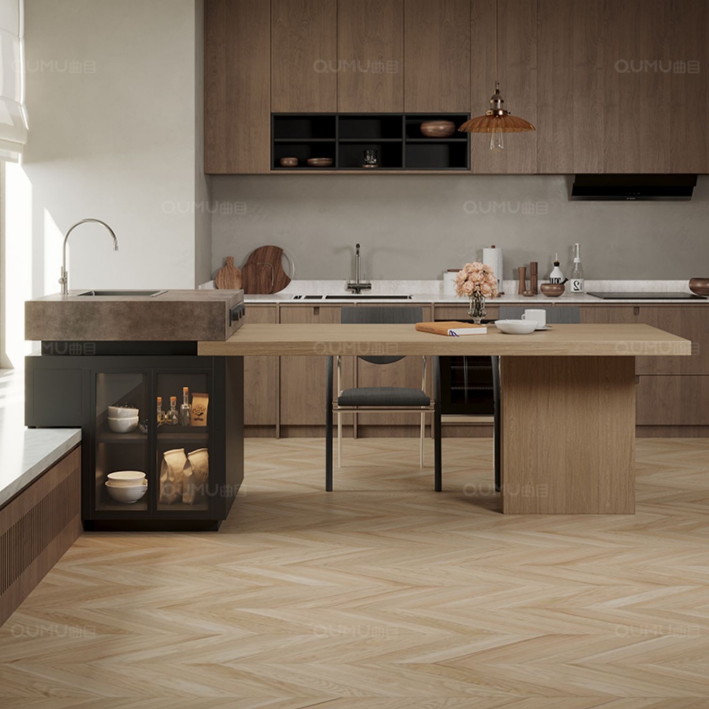 Ventana salediza, isla, mesa de comedor, cocina abierta, sala de estar de estilo de troncos, grano de madera de nogal, plataforma de guía central retráctil, caída