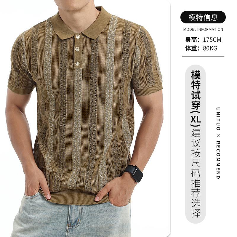 Europa y América hombre hielo de punto camiseta polo de manga corta Jacquard rayas con cuello superior de negocios casual hombre