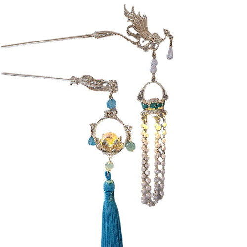New antique style luminous blue lantern tassel hairpin retro all-match walking hairpin Hanfu cheongsam accessories headdress