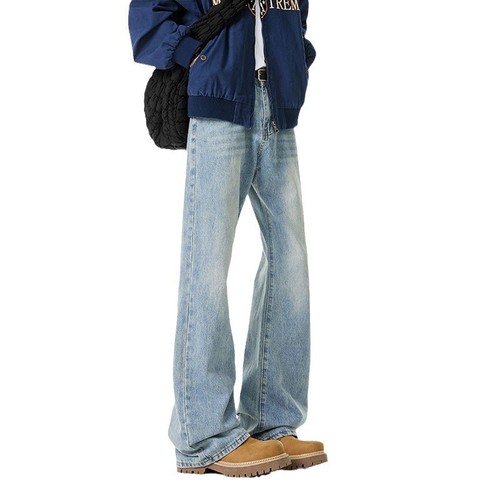 Four Seasons American Style Slimming and Tall Black Curved Knife Jeans for Men Cleanfit Wide-Leg Straight Tube Pants