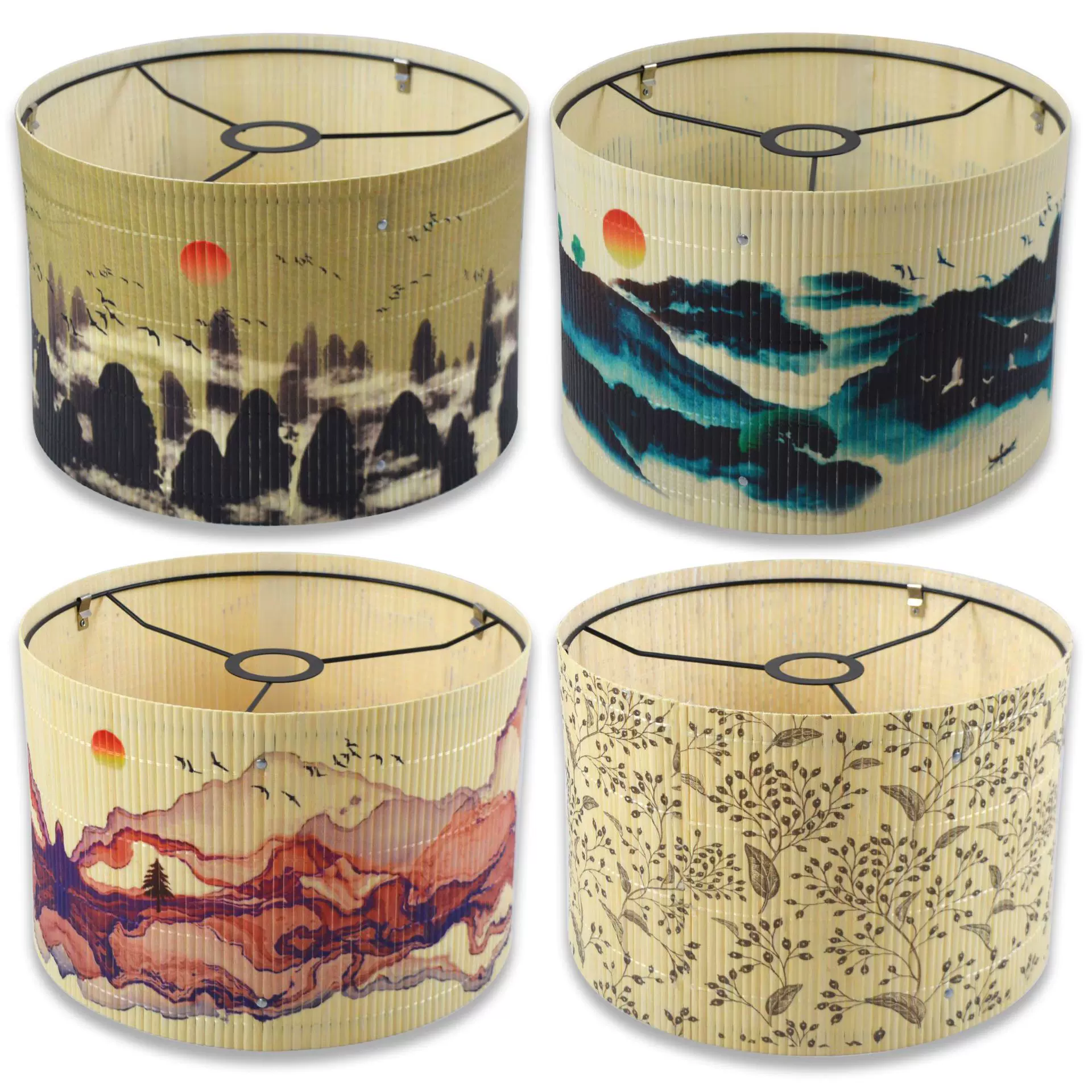 新中式山水画彩印图案竹制灯罩可拆卸灯配吊灯民宿装饰竹艺灯罩