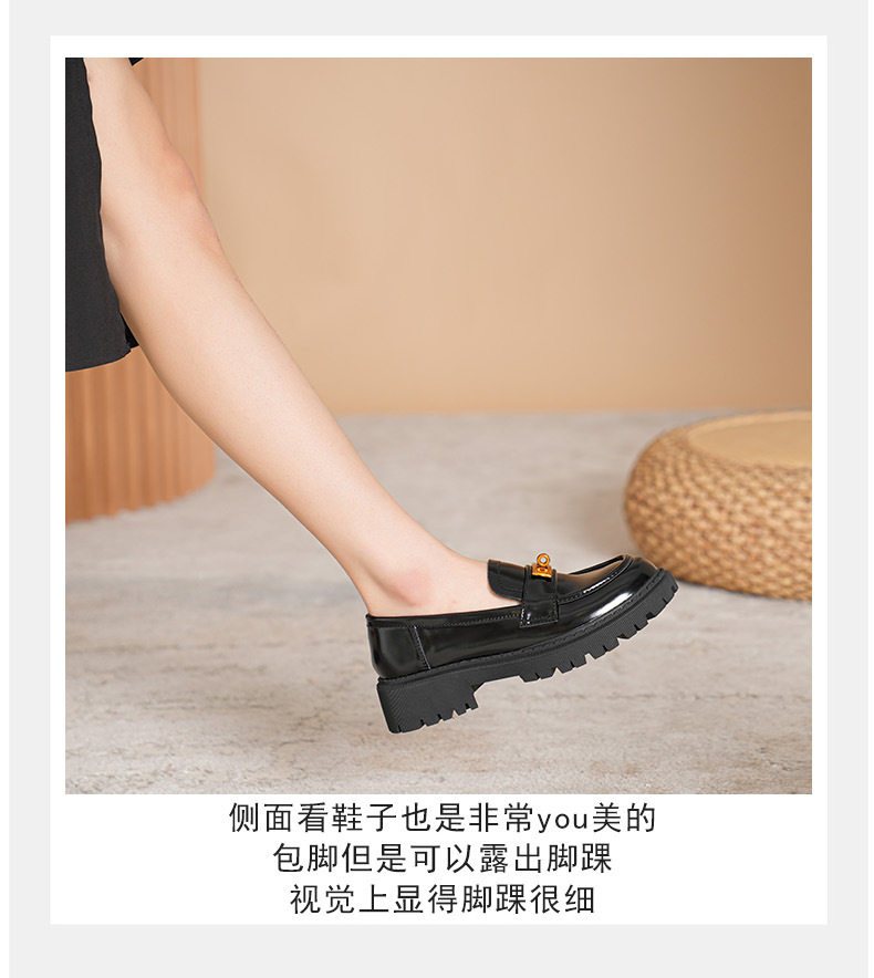 Giày lười nữ da mềm mũi tròn đế dày khóa vàng gót vuông 3–5 cm — Màu đen chi tiết 17