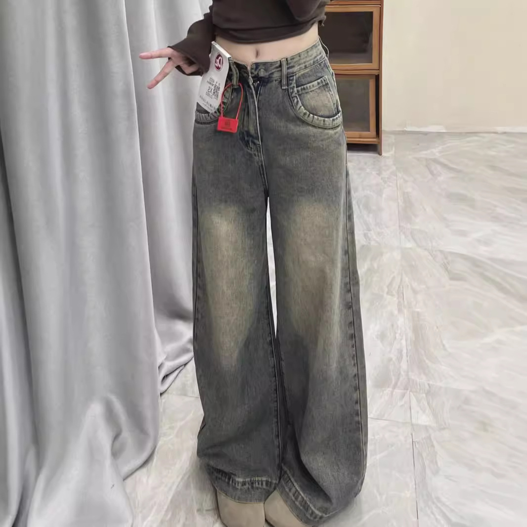 여성용 레트로 와이드 레그 청바지, 루즈하고 슬림하며 하이 웨이스트, 2025 봄 신상 스트레이트 레그 바닥 길이 바지, 트렌디