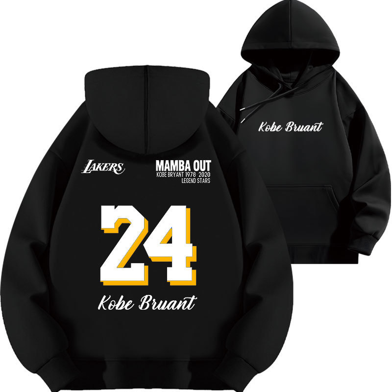 Kobe Mamba No. 24 Lakers Letter Print Hooded Sweatshirt Trendy Basketball Loose Autumn Fleece Thickened Top