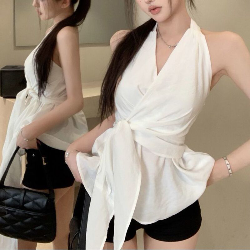 Cross-Border Wholesale Stylish Black Backless Halter Neck Sleeveless Shirt for Women, Summer Waist-Cinching Tie Design, Unique Top Cross-Border Wholesale Stylish Black Backless Halter Neck Sleeveless Shirt for Women, Summer Waist-Cinching Tie Design, Unique Top