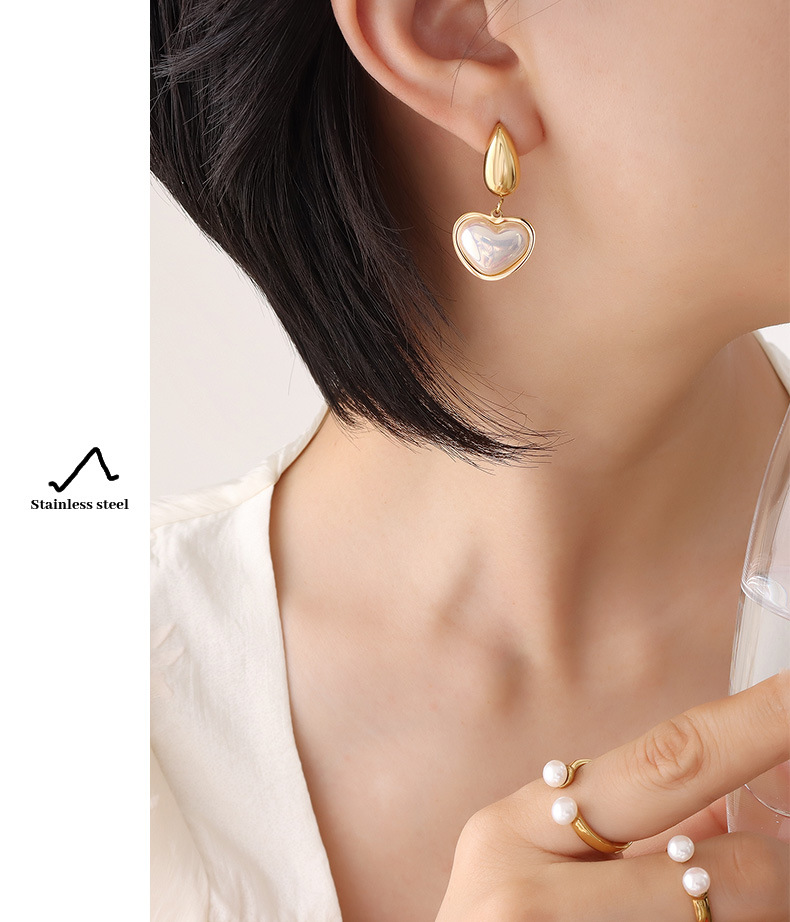 French Style Heart Shape Titanium Steel Earrings Beads Stainless Steel Earrings