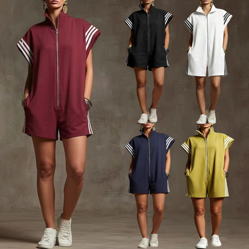 2026 New Cross-Border Independent Fashion Site European and American Women's Summer Zipper Stand Collar Striped Color-Blocking Fashion Jumpsuit