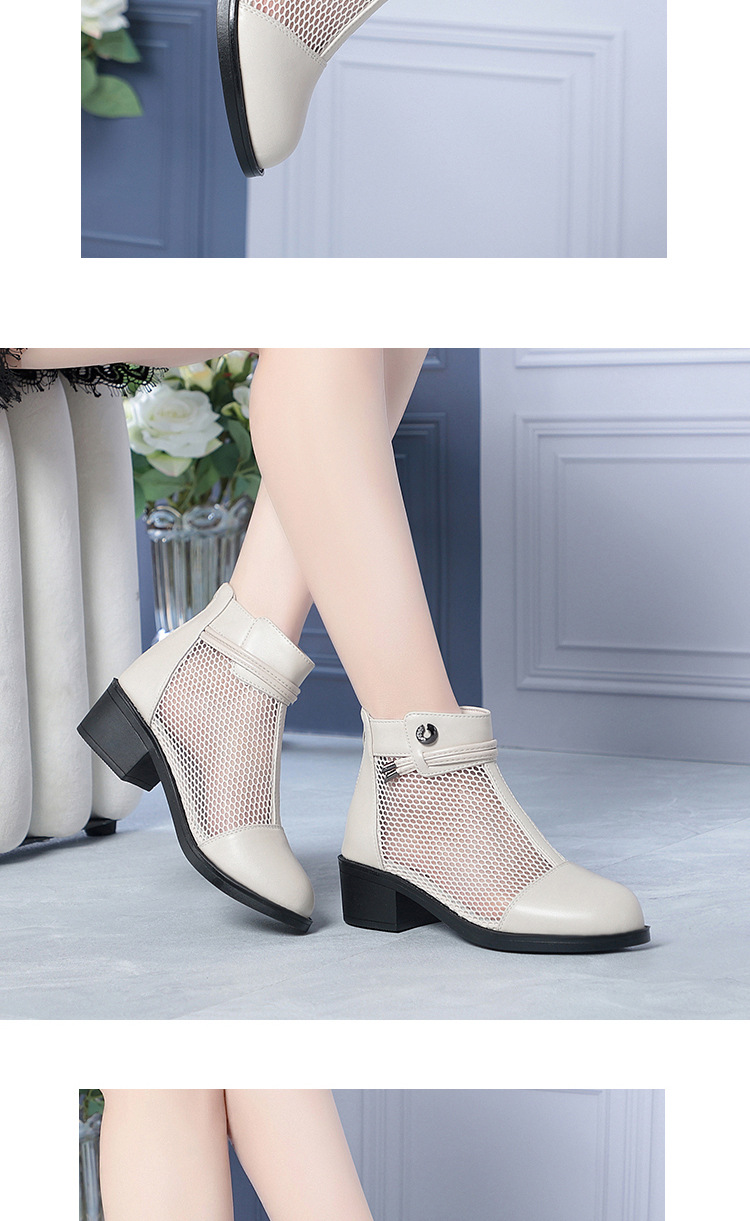 Boot nữ da thật cổ thấp gót vuông 5 cm đế êm, kiểu hở mũi lưới thoáng khí — màu be chi tiết 12