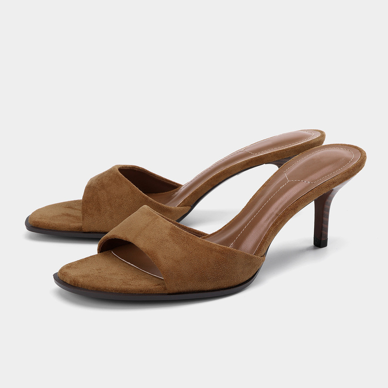 Za Slippers Women's Summer Outer Wear 2025 New Mule Shoes Suede One-Word Sandals Women's Square Toe High Heel Sandals Stiletto Heel
