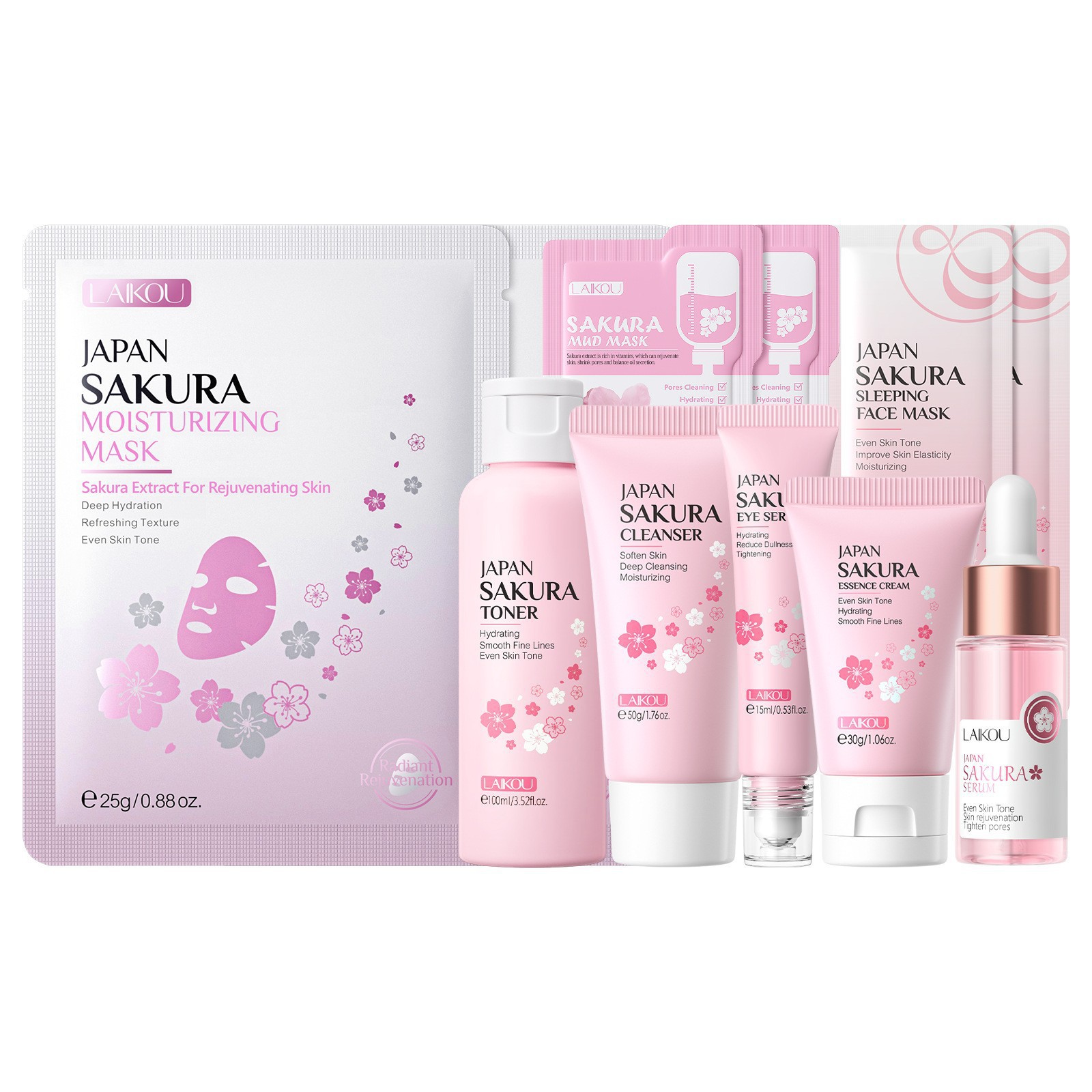 Transfronterizo LAIKOUFENYI serie de cerezo conjunto de cuidado facial hidratación humectante FDA fabricantes de stock image 13