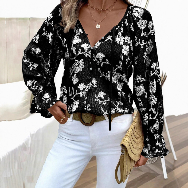 European and American Export Women's Jacquard Knitwear, Elegant Hollow Embroidery Floral Casual Long-Sleeved Shirt for Women