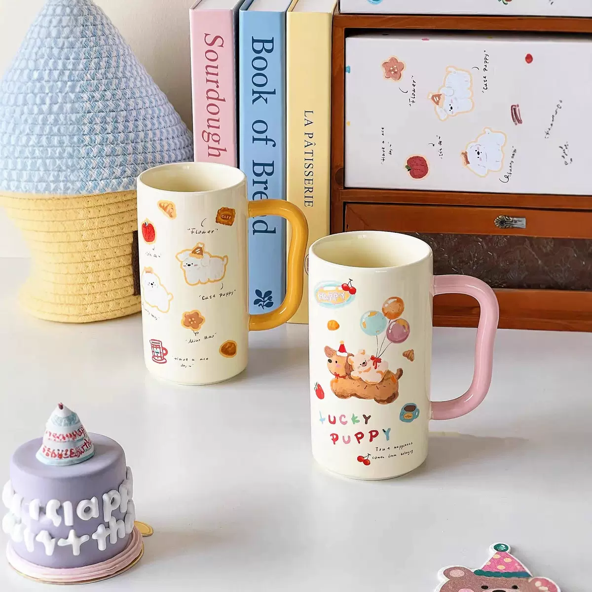 快乐狗直筒杯带把手马克杯韩式陶瓷杯女涂鸦喝水杯大容量可爱杯子