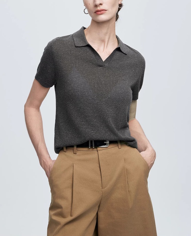 薄款亚麻polo领短袖针织衫女25夏季莱赛尔复古v领polo衫上衣|undefined
