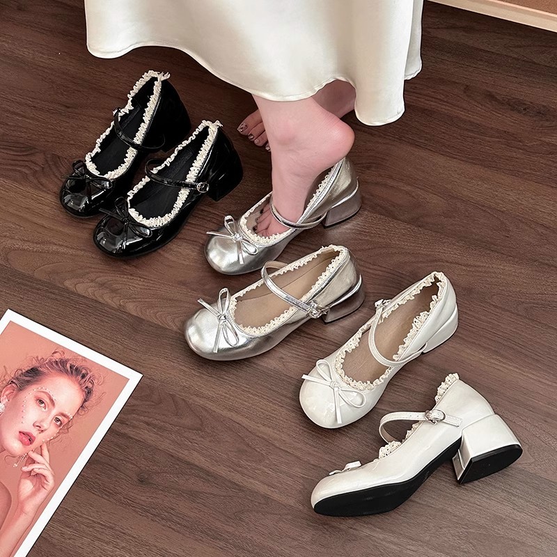 Ballet-Style Shallow High-Heeled Shoes for Women, 2026 New Summer Height-Increasing Leather Shoes, Fashionable Versatile Mary Jane Low-Heeled Shoes
