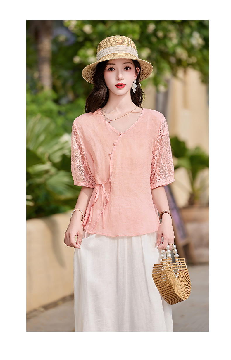 Bộ đầm tân cổ điển nữ hai mảnh áo phối chân váy midi thắt eo — Màu hồng, màu trắng ngà chi tiết 16