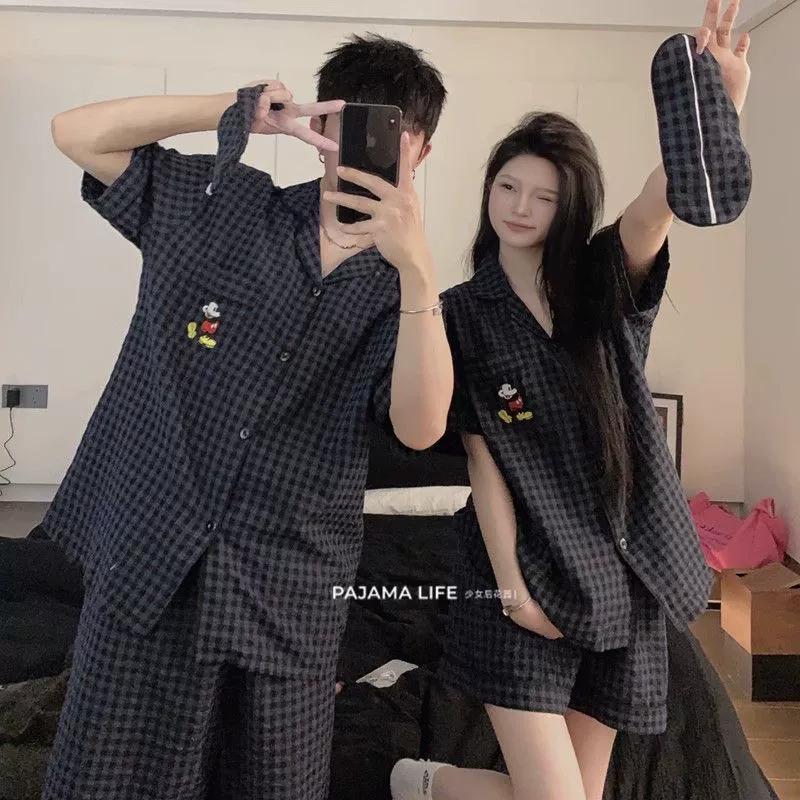[Tinker Bell] Пижамы для пар в клетку, женские летние шорты с короткими рукавами, мужские шорты, которые можно носить на улице, комплект домашней одежды