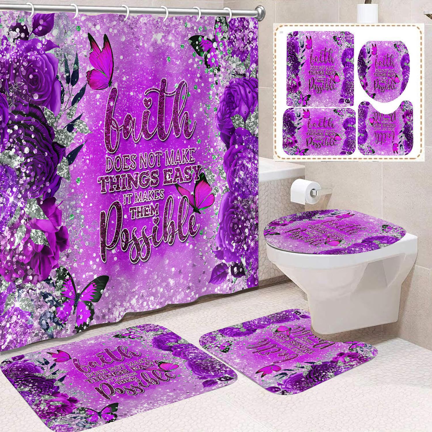 Transfronterizo Amazon cortina de ducha de color degradado cortina de baño letra patrón de mariposa cortina de ducha impermeable y a prueba de moho image 59