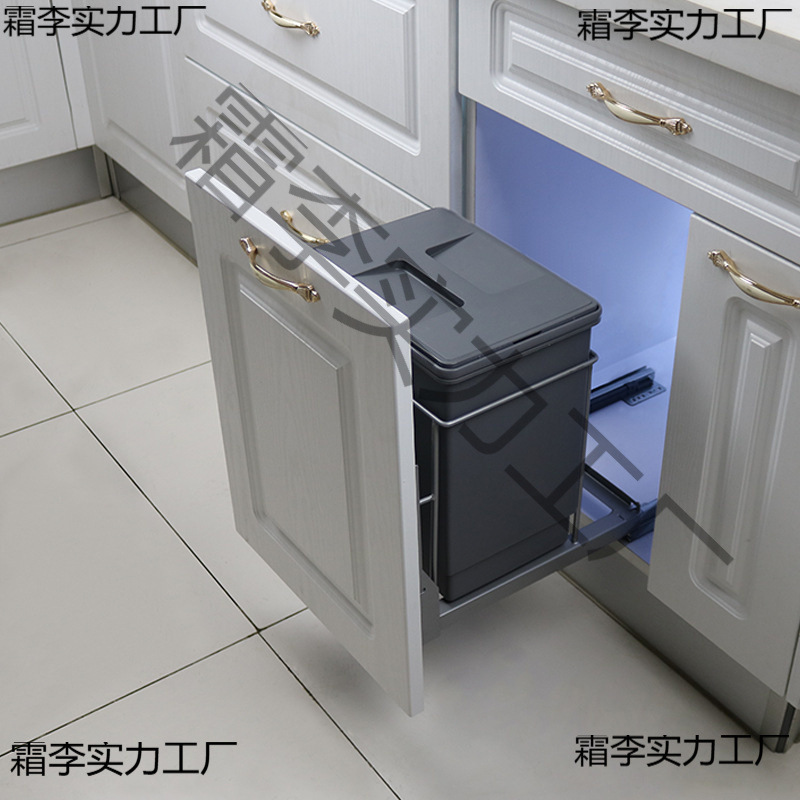 Kitchen Cabinet with Hidden, Built-In, Tall, Shallow, Narrow Trash and Debris Bin with Lid, Pull-Out Classification Feature, and Built-In Storage for Rice and Flour