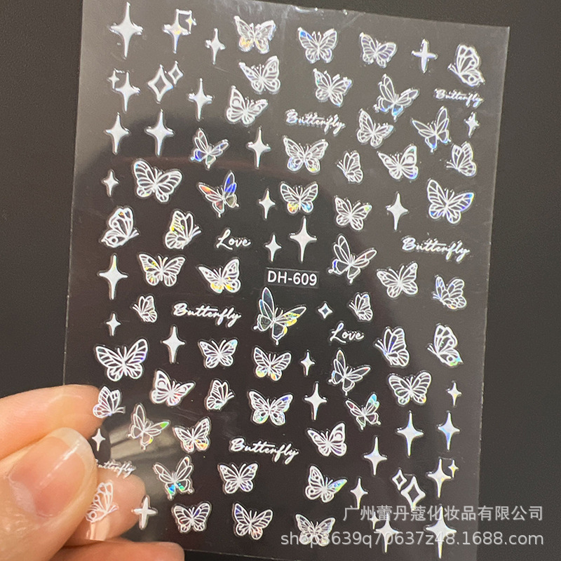 Pegatinas de uñas populares elegantes pétalos blancos semitransparentes mariposa fragmentos de vidrio de Aurora de colores con pegatinas adhesivas para uñas