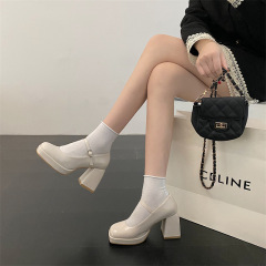 法式高跟鞋女2024年新款秋季方頭粗跟防水台氣質白色厚底瑪麗珍鞋