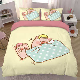 40支纯棉四件套定制粉色小猪儿童床上用品被套床单床笠代发厂家